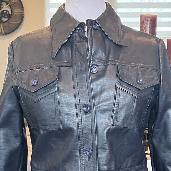VTG 60's Penney's International Imports Vegan Leather Jacket Navy Blue Size 14 S - Picture 3 of 12